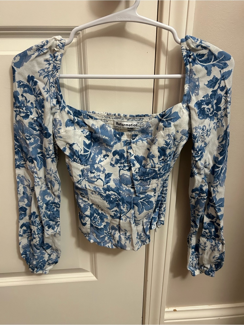 Reformation Blue and White Floral Square Neck Puff Sleeve Blouse